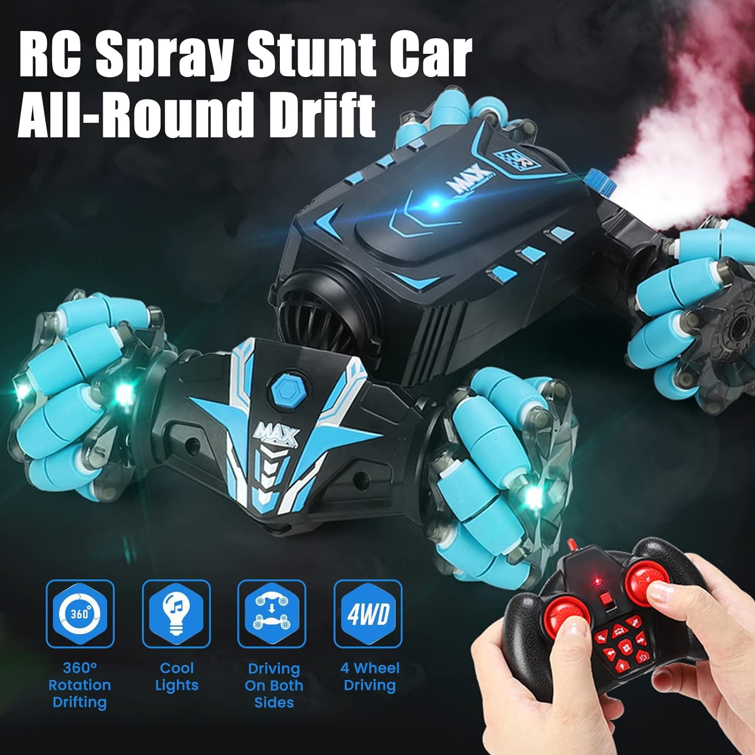 RC Stunt Car,  360° Rotating Off Road Vehicle with Lights Music & Spray Launcher, Toy Cars for kids 🅱